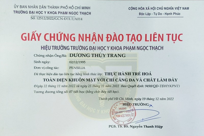 Chứng nhận "Thực hành trẻ hóa với căng chỉ và filler"