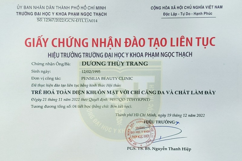 Chứng nhận trẻ hóa mặt với căng chỉ và filler