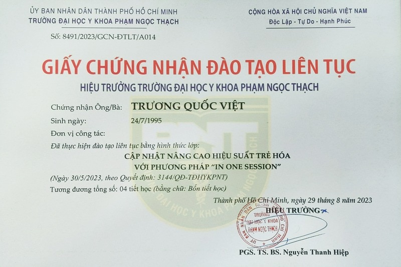 Chứng nhận "Cập nhật nâng cao hiệu suất trẻ hóa với phương pháp In One Session