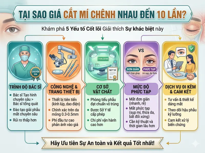 infographic 5 yếu tố quyết định chất lượng cắt mí bao nhiêu tiền – bác sĩ công nghệ cơ sở vật chất dịch vụ hậu phẫu