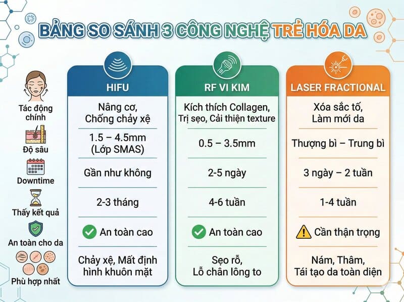 So sánh 3 công nghệ trẻ hóa da HIFU RF vi kim laser fractional độ sâu tác động hiệu quả