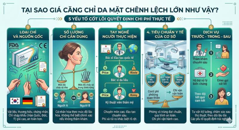 infographic 5 yếu tố tác động đến giá căng chỉ da mặt – loại chỉ tay nghề tiêu chuẩn y tế dịch vụ địa điểm