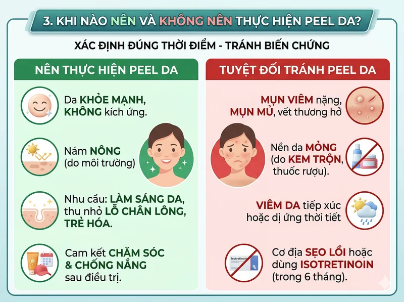 Infographic hướng dẫn các trường hợp nên và không nên thực hiện peel da trị nám để đảm bảo an toàn.
