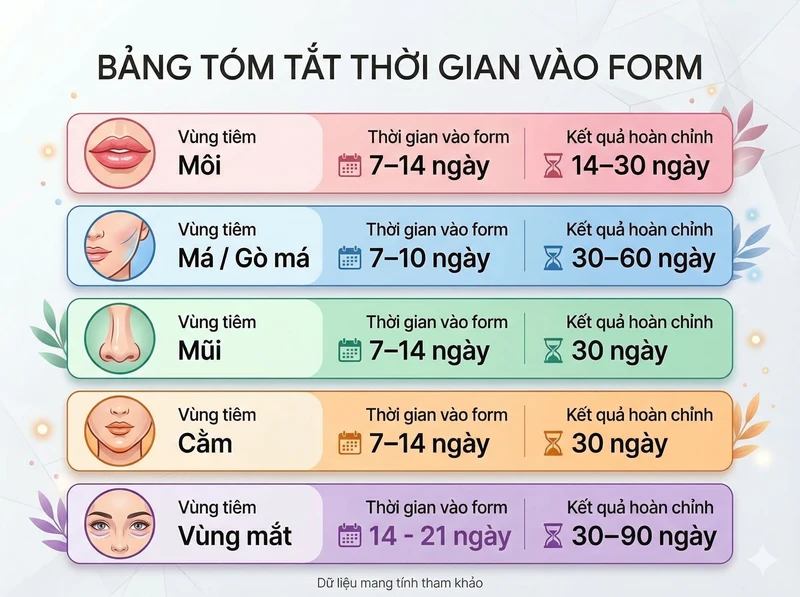 infographic tiêm filler bao lâu thì vào form theo từng vùng – môi má mũi cằm tear trough timeline chi tiết