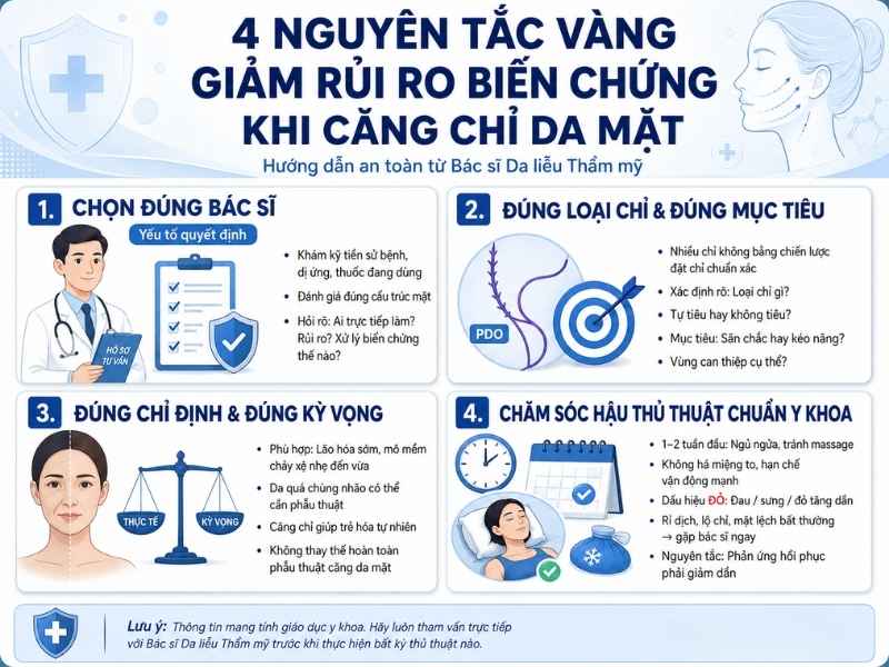 Infographic 04 nguyên tắc giảm rủi ro khi căng chỉ da mặt gồm chọn đúng bác sĩ, đúng loại chỉ, đúng chỉ định và chăm sóc sau làm