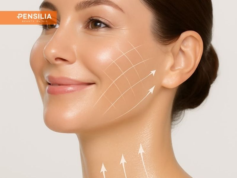 Cận mặt phụ nữ sau căng chỉ da mặt với đường nét gọn hơn và vùng má săn chắc hơn
