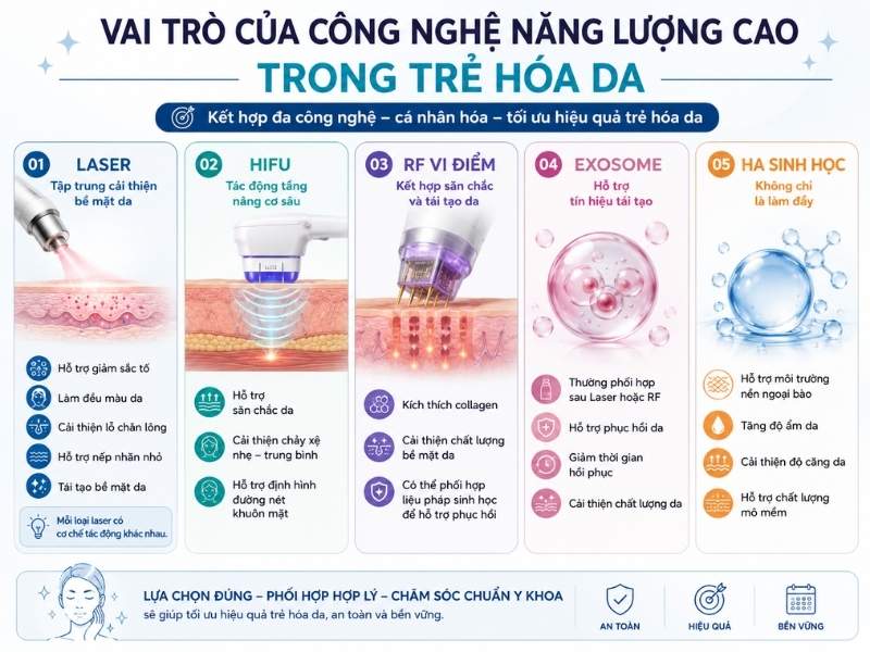 Infographic phân tích vai trò của Laser, HIFU, RF vi điểm, Exosome và HA sinh học trong phác đồ trẻ hóa da đa tầng.