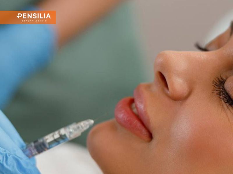 Bác sĩ chuyên khoa tại Pensilia đang trực tiếp thực hiện quy trình tiêm chất làm đầy trẻ hóa da mặt vùng môi cho khách hàng