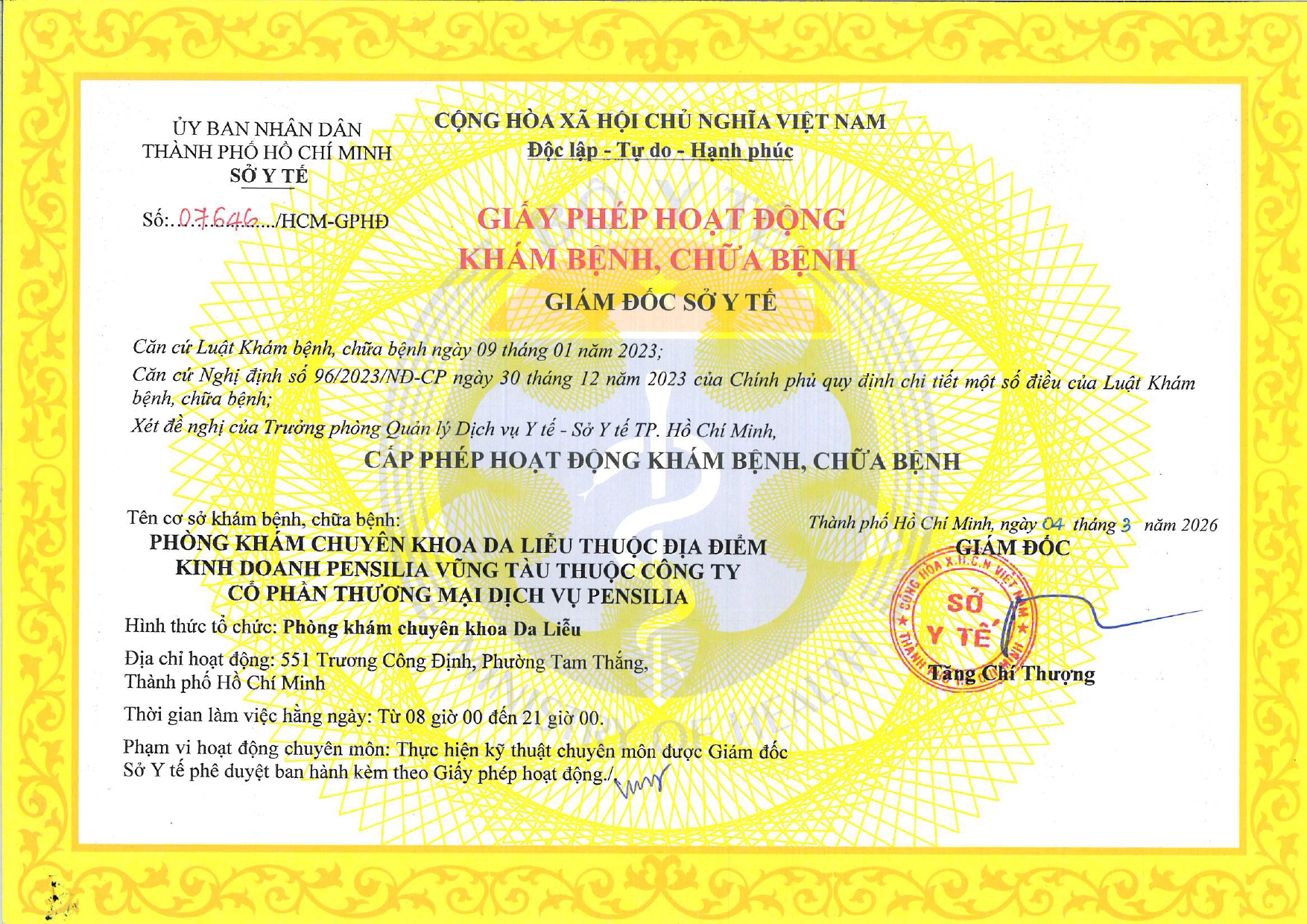 Giấy phép hoạt động: 07646/HCM-GPHĐ do Sở Y tế TP. Hồ Chí Minh cấp ngày 04/03/2026