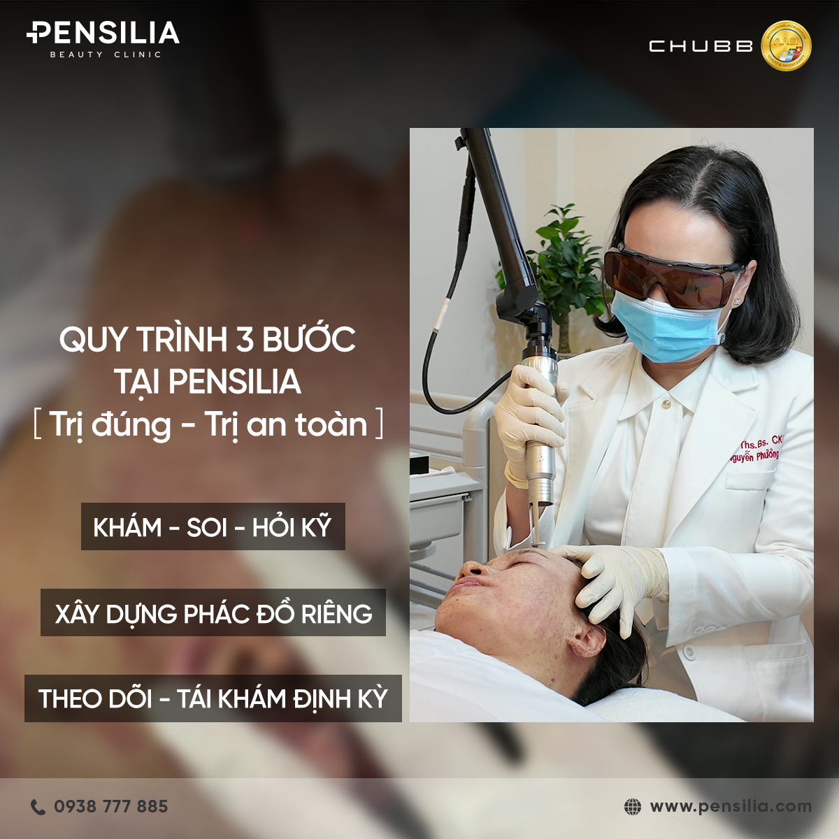 Quy trình điều trị nám 3 bước chuẩn y khoa tại phòng khám da liễu Pensilia.