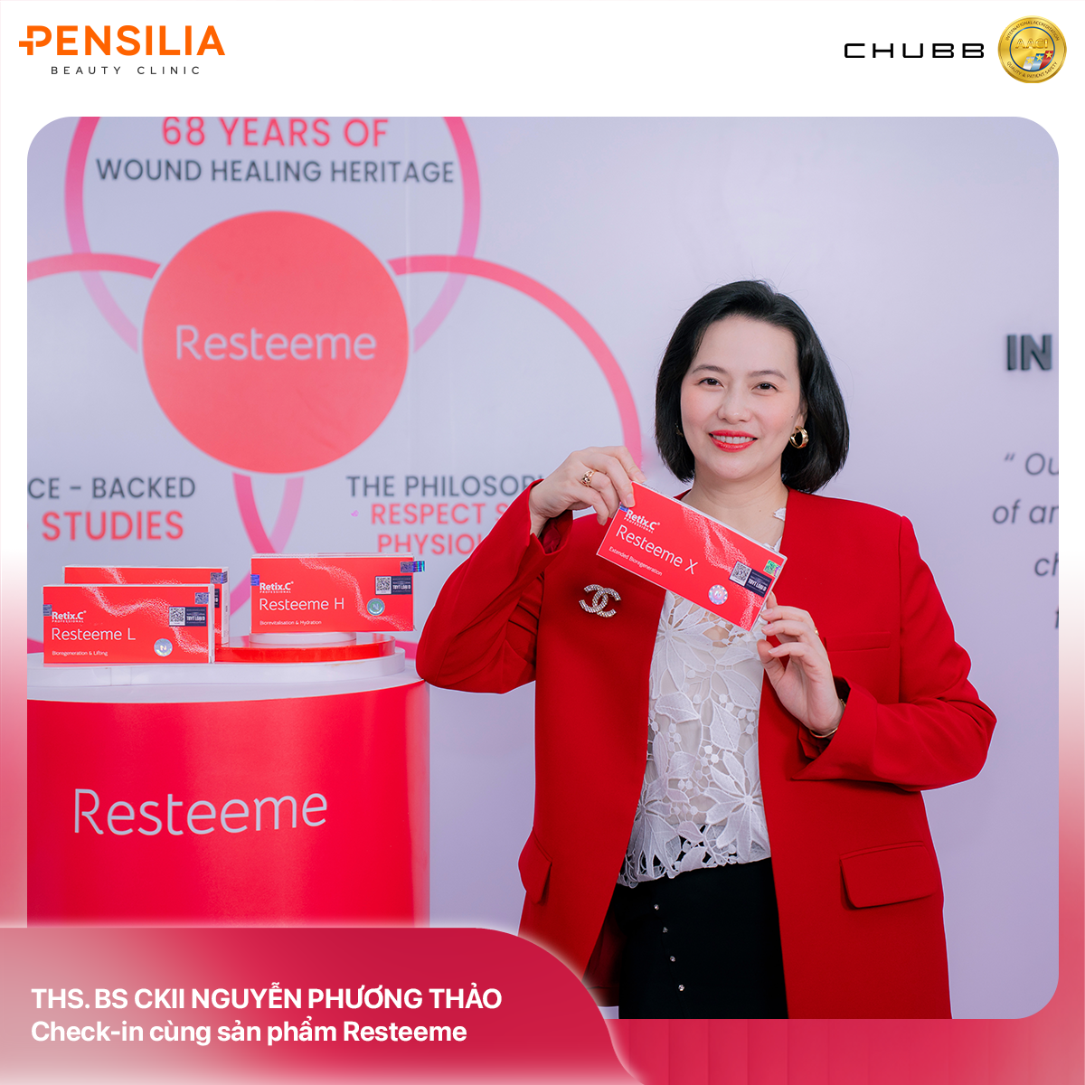ThS BS CKII Nguyễn Phương Thảo Pensilia Beauty Clinic giới thiệu sản phẩm Resteeme tại sự kiện chuyên ngành da liễu thẩm mỹ.